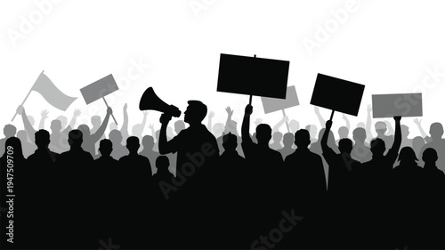 Protest crowd silhouette with megaphone speaker and banners, public demonstration rally, activism movement concept, people demanding rights illustration