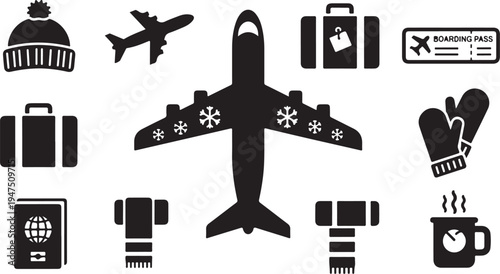 Winter Travel Icons with Airplane and Accessories Symbols