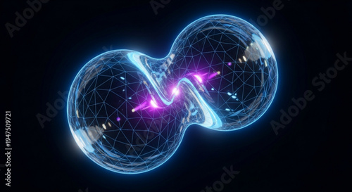 Neon lit double helix structure with glowing purple core on dark background futuristic molecular model