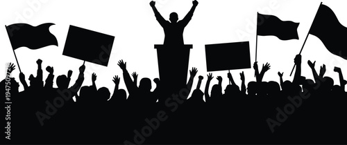Political rally crowd silhouette with leader speaking at podium, protest demonstration with flags and banners, public speech activism concept