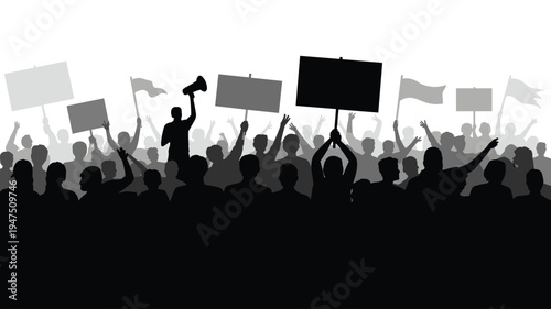 Protest demonstration crowd silhouette with megaphone speaker and banners, public rally activism movement, people demanding freedom and rights