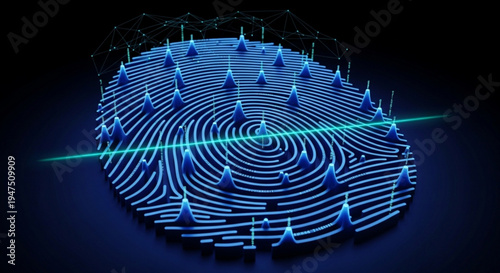 Glowing blue fingerprint with neon light scan lines and futuristic cyberpunk background for tech and security concepts