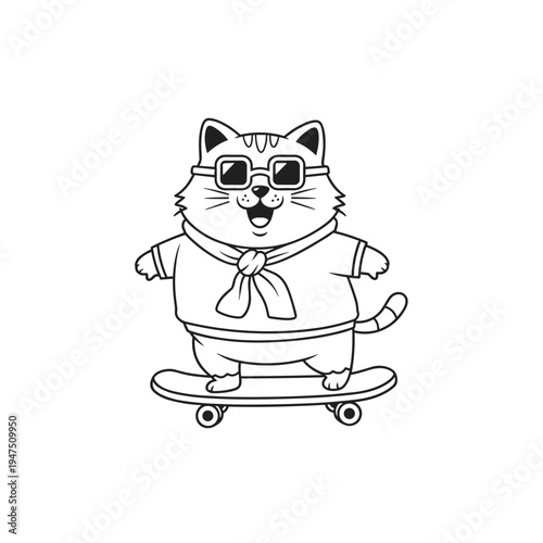 Cute Cat Riding Skateboard Coloring Page for Kids Cool Skater Kitty Line Art Vector