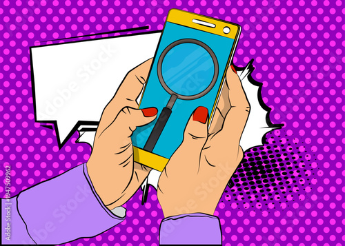 Cartoon Smartphone, comic book Telephone with Magnifying glass. Retro vector comics pop art design.