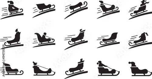 Sleds and Sleighs in Motion Silhouette Vector Graphics Set