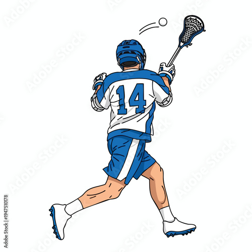 Lacrosse player number 14 in action, mid-air with ball and stick