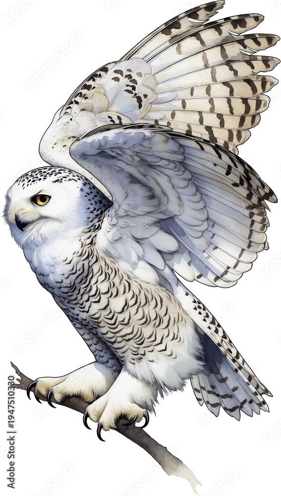Fototapeta premium A majestic white snowy owl spreads wide wings diving with sharp talons out.
