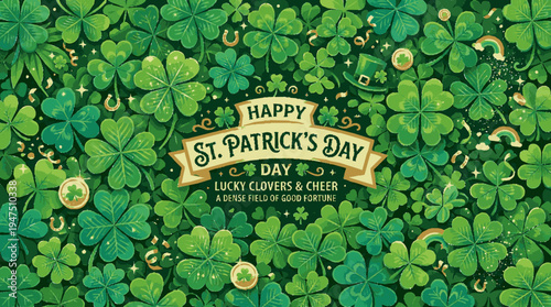 Vibrant green clovers fill the frame with a festive st patrick's day banner in gold and white text celebrating luck and cheer