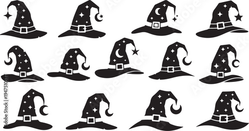 Collection of magical wizard hats with stars and moons