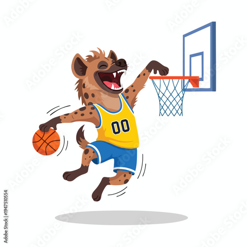 Joyful hyena in basketball uniform jumps with ball, slam dunking