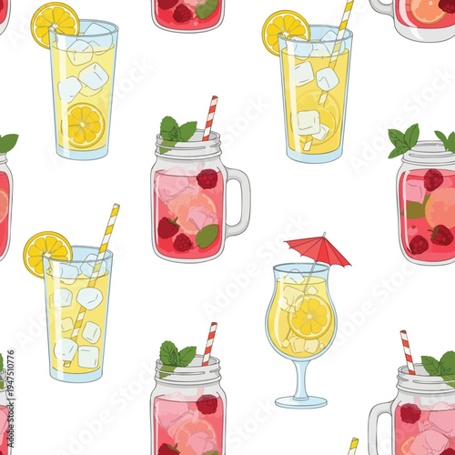 Various cold drinks with ice, fruit, mint, and colorful straws on a white background