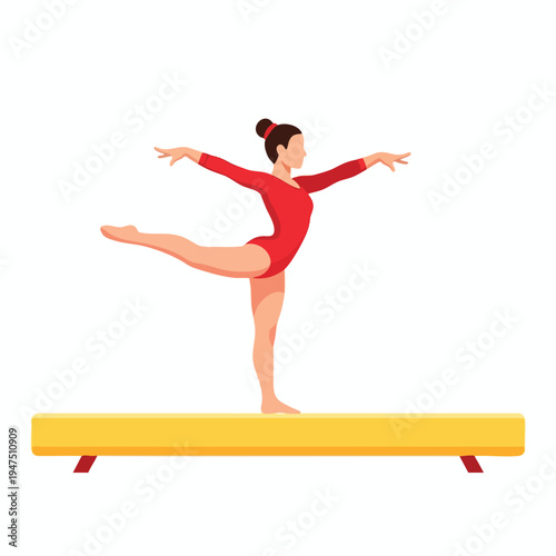 Woman in red leotard balancing on a yellow balance beam, arms extended