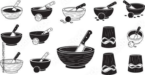 Mortar and pestle illustrations in black and white designs