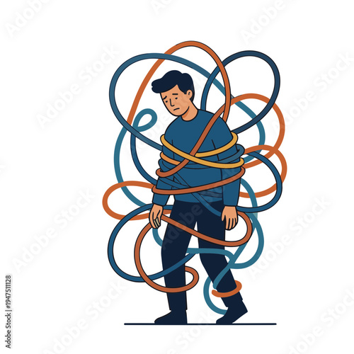 Person struggles amidst tangled colorful wires in a cluttered space