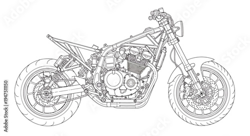 Detailed technical illustration of a motorcycle chassis and engine assembly, showcasing intricate mechanical components and structural engineering. Perfect for automotive design blueprints
