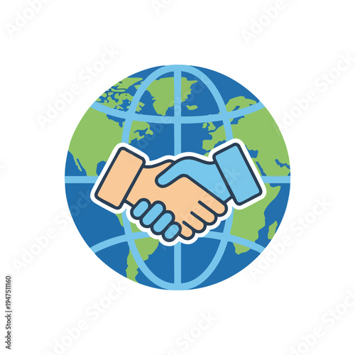 Two hands shaking in front of a stylized globe