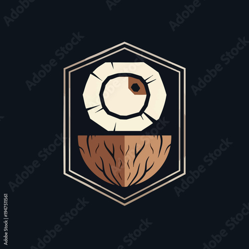 Minimalist emblem of a cracked coconut half with its flesh shown