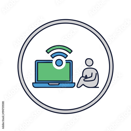 A person sits next to a laptop with a Wi-Fi symbol above it, enclosed in a circle