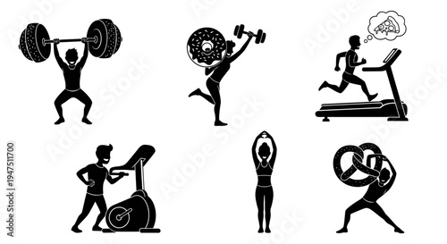 Funny fitness motivation set with people exercising with food items and cardio machines in minimalist black style