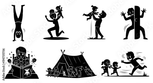 Family and parenting activity collection showing parents playing with children in cute black and white silhouettes