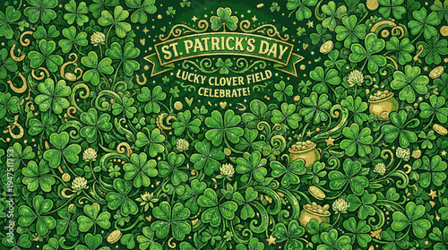 Dense green clover field background celebrating a festive theme with golden coins horseshoes and a decorative banner