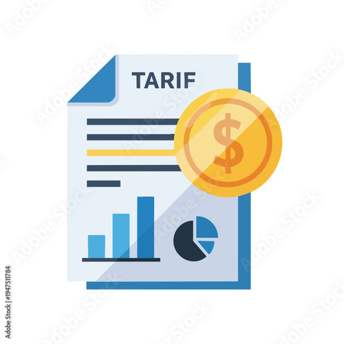 Document with "TARIF" and charts, alongside a golden coin