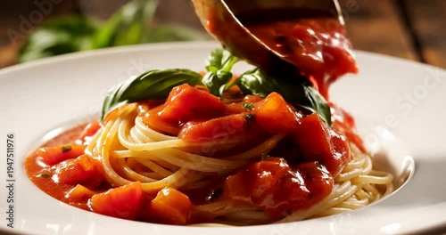 Spaghetti with tomato sauce being poured.
