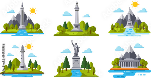 Landmark Monuments and Statues in Scenic Landscapes with Rivers, Mountains, and Trees, Featuring Iconic Monuments Like the Statue of Liberty, for Travel and Tourism Illustrations