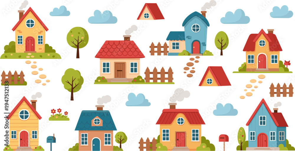 Fototapeta premium Charming House Collection with Colorful Roofs, Fences, and Flower Gardens for Cozy Home and Neighborhood Illustrations
