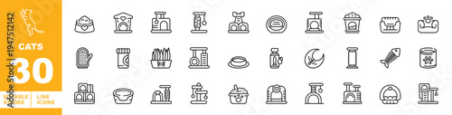 Cat Furniture, Pet Toys, and Feline Lifestyle Line Icons. Editable stroke icons for cat-friendly interiors. Featuring diversas cat trees, scratching posts, cat grass, cozy pet beds, feline climbing