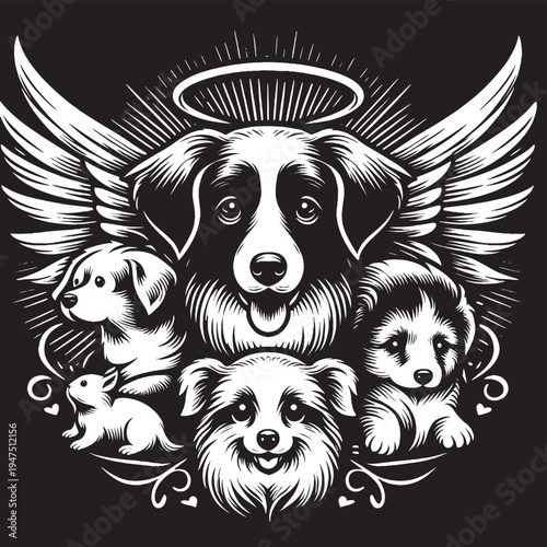 Black and white illustration of a group of dogs with wings and halo.