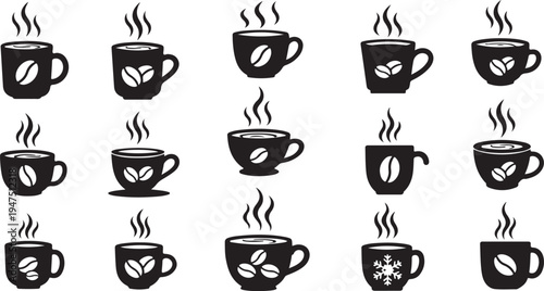 Black and white coffee cup icons with steam rising
