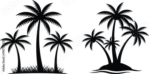 Black and white tropical palm tree silhouettes on a beach island landscape vector illustration for summer travel and nature design