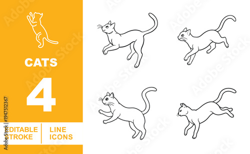 Active Cat Poses & Jumping Feline Icons. Editable stroke vector icons of cats in motion. Featuring running, pouncing, and jumping cat silhouettes for pet lifestyle and animal behavior app UI design