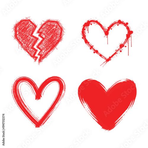Set of four distinct red heart shapes including broken, splattered, and brushstroke designs