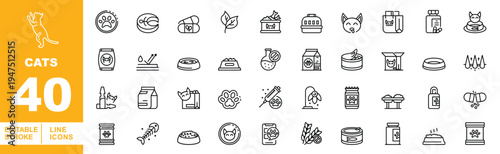 Cat Care & Feline Nutrition Icons. Editable stroke vector icons for domestic cat services. Featuring cat food cans, salmon treats, feline medicine, feeding bowls, grooming supplies, and organic catnip