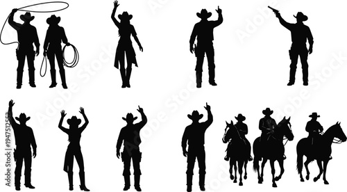 Black and white vector illustration set of powerful rhinoceros silhouettes in various standing and walking poses, majestic African wildlife animal rhino collection (24 words)