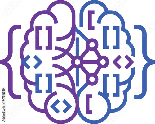 Brain illustration with coding symbols and lines represents ai coding algorithm technology