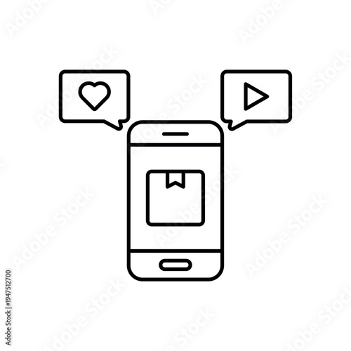icon social buzz on smartphone with heart like and play symbols, isolated against a clean background.