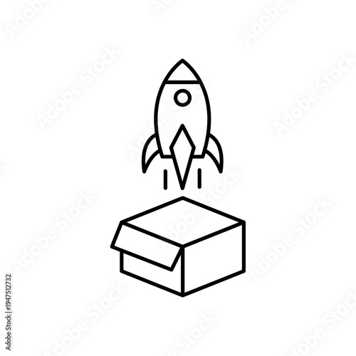 icon a launch hype with a rocket flying out of an open box, isolated against a clean background.
