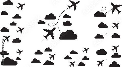 Airplanes flying through clouds in the sky with trails