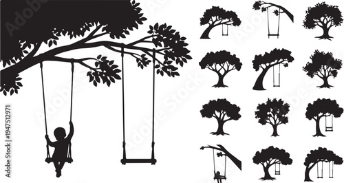 Silhouette of child on swing under tree branches set