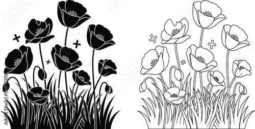 Black and white poppies floral design Vector