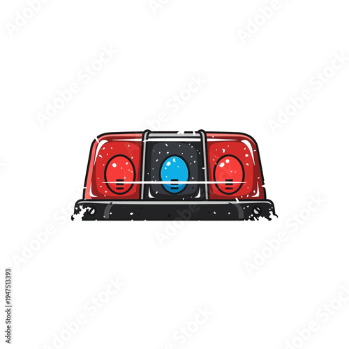 Red emergency light with blue strobe, vintage cartoon style.