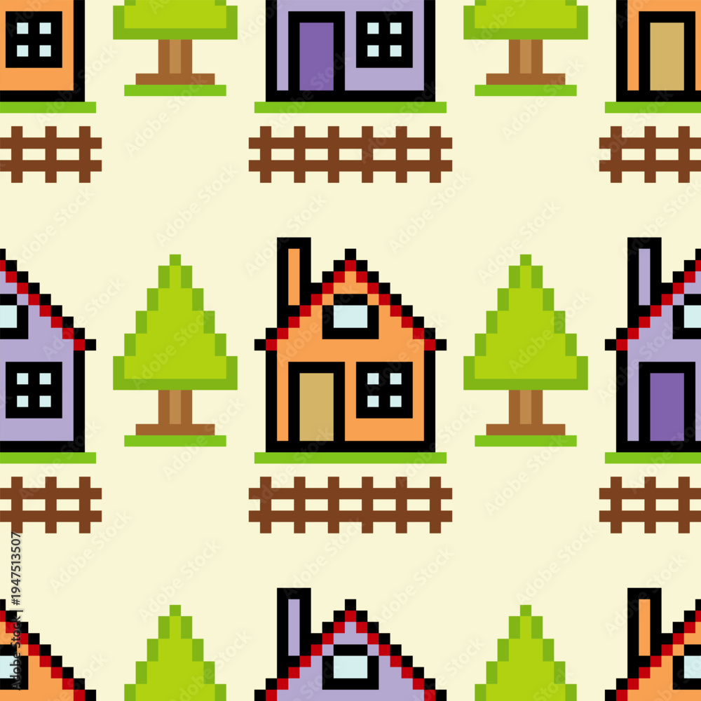 Obraz premium Seamless pattern with houses pixel art