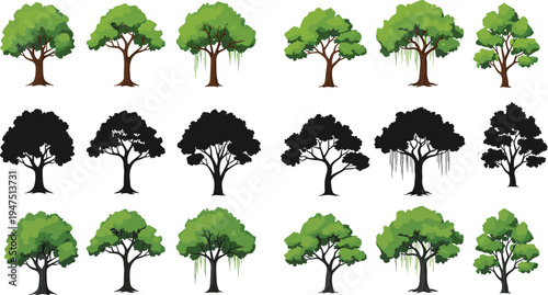 Flat vector illustration collection of various green banyan and deciduous trees with black silhouettes, nature plant icons set isolated on white background design