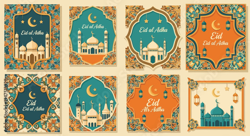 Collection of eight elegant Eid al-Adha greeting cards featuring mosques, crescent moons, stars, and intricate Islamic patterns in various colors.