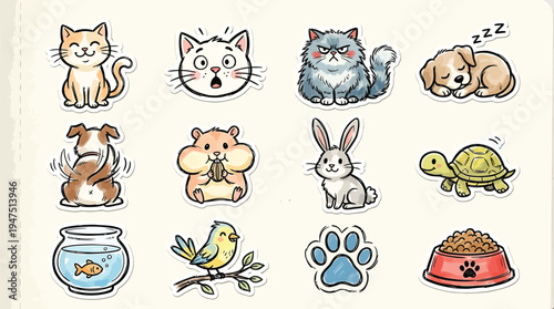 A collection of adorable hand-drawn cartoon animal stickers including cats, dogs, rabbits, hamsters, turtles, fish, and birds, along with a paw print and pet food bowl.