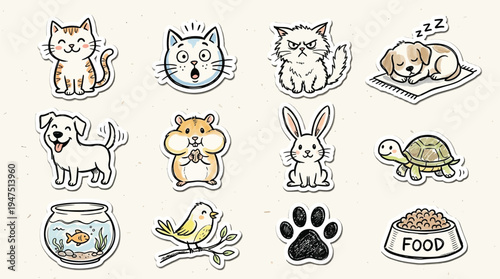 Cute cartoon pet stickers featuring various animals like cats, dogs, hamster, rabbit, turtle, goldfish, and bird, along with pet-related items.