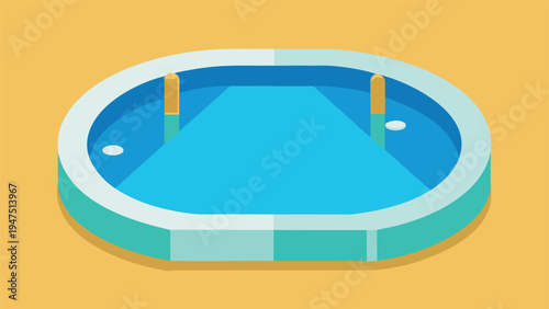 An isometric view of a simple oval swimming pool with calm light blue water and a teal rim is shown on a tan background.